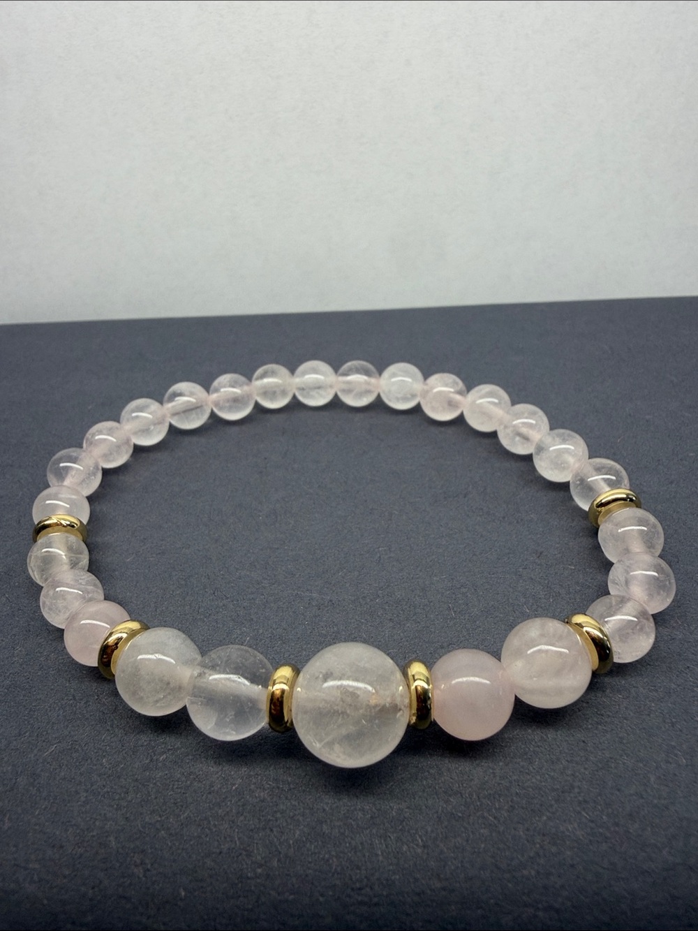 Rose Quartz Beaded Stretch Bracelet with Gold Accent Rings - 7”